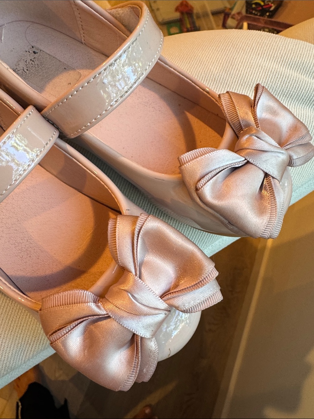 Girls Patent Mary Jane Flats with Satin Bow - Blush Pink